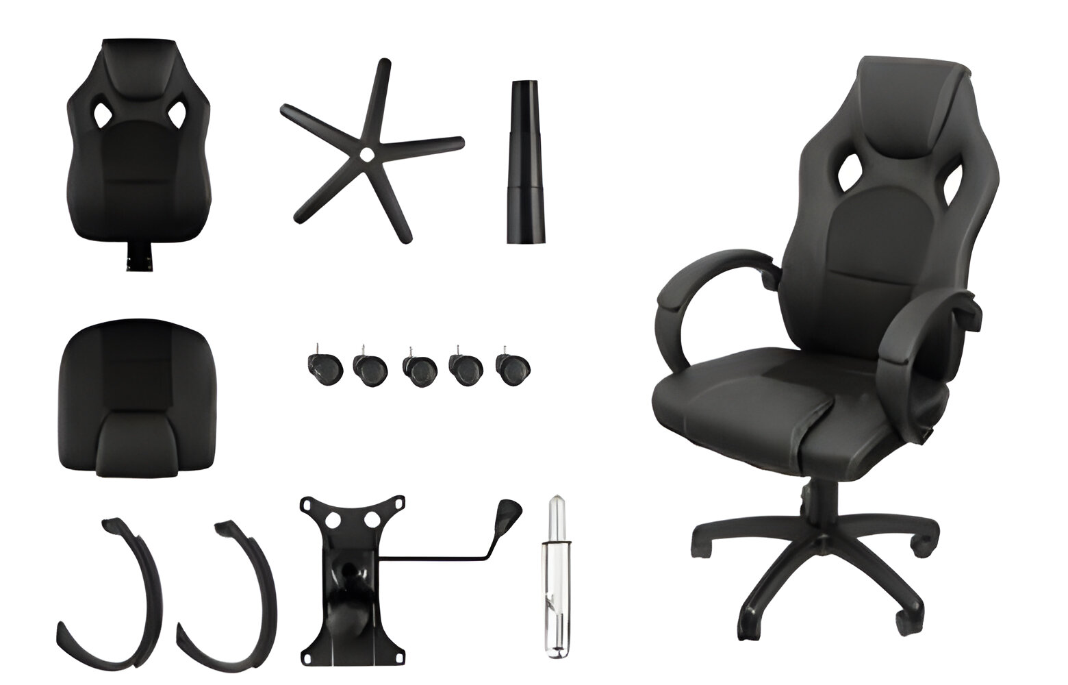 Office chair parts and accessories Office chair parts and accessories. Contains T type metal adjustable handle with armrest, Caster wheel 50mm, Metal alpha office chair base, Nylon stopper bush, desk chair, Rolling chair, Executive chair, Computer chair, Rotating chair, Office chair tilt pushback synchro single lock multi-lock mechanism, hydraulic gas lift class 3 class 4 120mm pp pu arm rest